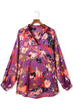 Purple Plus Size Abstract Print V-Neck Long Sleeve Blouse