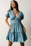 Sky Blue V Neck Bubble Sleeve Ruffle Flared Mini Dress