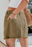 Brown High Waist Pocketed Frayed Hem Mini Denim Skirt
