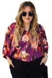 Purple Plus Size Abstract Print V-Neck Long Sleeve Blouse