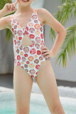 Printed V Neck Hollow Out Girl One Piece Swimsuit
