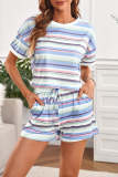 White Striped Print Tee and Shorts Lounge Set