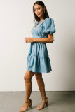 Sky Blue V Neck Bubble Sleeve Ruffle Flared Mini Dress