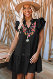 Black Floral Embroidered Ruffle Sleeve Shift Dress