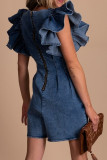 Blue Ruffle Pleated Denim Romper with Pockets