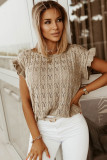 Khaki Ruffle Short Sleeves Cable Knit Textured Top