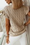 Khaki Ruffle Short Sleeves Cable Knit Textured Top