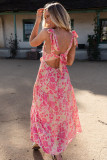 Pink Gingham Floral Tie Shoulder Maxi Dress