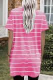 Rose Khaki Striped Print Side Pockets Short Sleeve Tunic Top