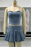 Blue Denim Corset Top and Skirt 2PCS Set 