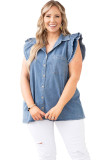 Blue Frayed Ruffle Sleeve Plus Size Denim Shirt
