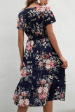 V Neck Smocked Waist Midi Floral Dress