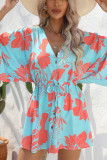 Open Button V Neck Drawstring Flare Sleeves Floral Dress