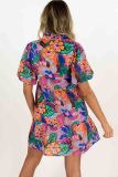Multicolor Floral Print V Neck Puff Sleeve Mini Dress