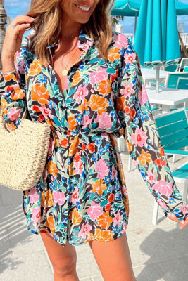 Multicolor Floral Buttoned Collared Long Sleeve Mini Dress