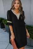 Black Lace Crochet Splicing V Neck Shift Dress
