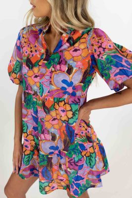 Multicolor Floral Print V Neck Puff Sleeve Mini Dress