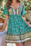 Green Buttoned Front Tie Bohemian Floral Dress