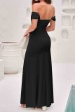 Black Thigh High Split Sheath Off Shoulder Evening Dress