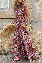 Multicolor Sleeveless Ruffled Lace-up High Waist Floral Maxi Dress