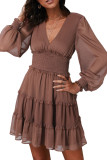 Brown Frill Smocked Detail Sheer Long Sleeve Dress