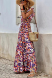 Multicolor Sleeveless Ruffled Lace-up High Waist Floral Maxi Dress