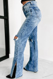 Sky Blue Vintage Distressed Split Hem Straight Leg Jeans