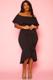 Black Ruffled Off Shoulder High Low Plus Size Dress