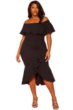 Black Ruffled Off Shoulder High Low Plus Size Dress