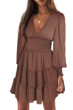 Brown Frill Smocked Detail Sheer Long Sleeve Dress