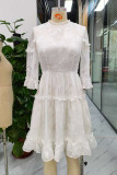 White Sheer Jacquard Ruffle Trim Half Sleeve Dress