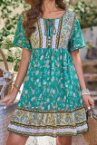 Green Buttoned Front Tie Bohemian Floral Dress