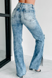 Sky Blue Vintage Distressed Split Hem Straight Leg Jeans