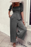 Printed Squared Neck Smocked Puff Wide Leg Jumpsuit