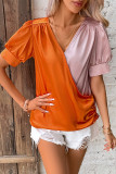 Colorblock V Neck Wrapped Blouse 