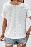 White V Neck Eyelet Pattern Buttoned Blouse Shirt