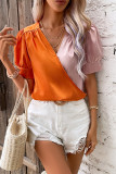 Colorblock V Neck Wrapped Blouse 