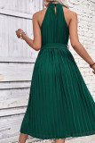 Dark Green Pleated Hlater Sleeveless Midi Dress