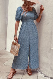 Printed Squared Neck Smocked Puff Wide Leg Jumpsuit
