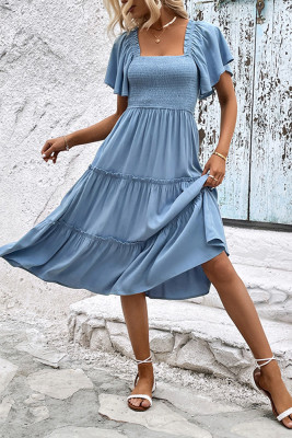 Blue Smocked Flare Sleeves Tiered Dress