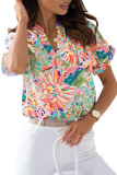 Green Abstract Floral Print Notch V Neck Rolled Short Sleeve Blouse