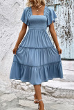 Blue Smocked Flare Sleeves Tiered Dress