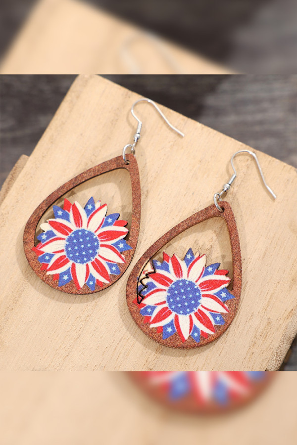 Independence Day  America Flag Sunflower Wood Earrings   
