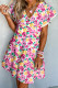 Rose Printed Crisscross Decor V Neck Flutter Sleeve Dress