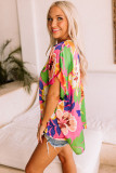 Pink Floral Print Loose Fit V Neck Tunic Blouse