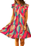 Red Abstract Geometric Print Flutter Sleeve Babydoll Dress