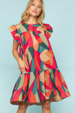 Red Abstract Geometric Print Flutter Sleeve Babydoll Dress