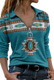 Blue Zipper Turn Down Collar Aztec Print Long Sleeves Top