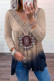 Aztec Print V Neck Lace Edge Long Sleeves Top
