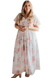 White Floral Print Lace-up High Waist Plus Size Maxi Dress